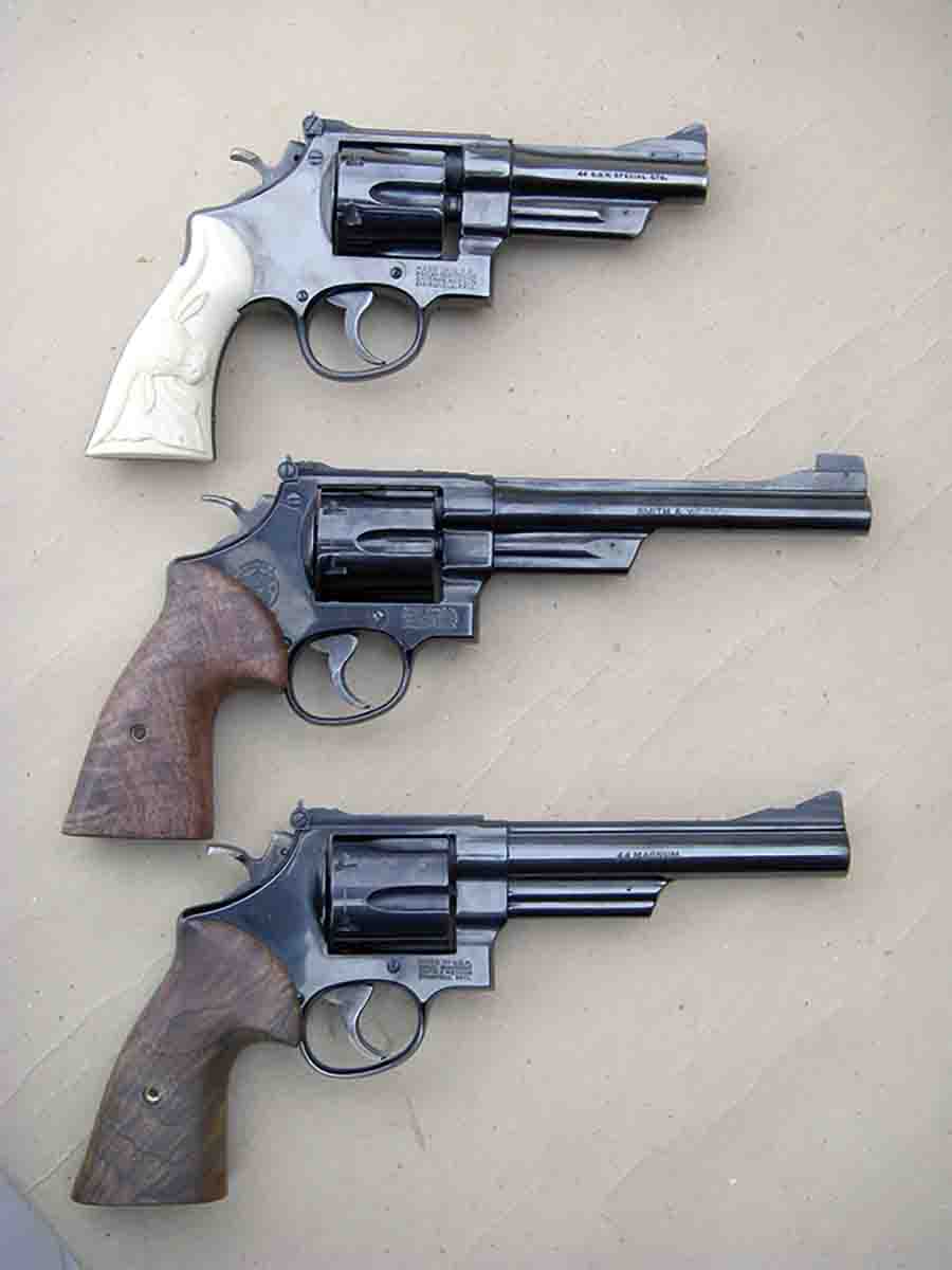 A Smith & Wesson Model 1950 Target 24-6 (middle) .44 Special with a 6.5-inch barrel was used to develop the accompanying data. It shares the same cylinder length as the Model 29-5 (bottom) rather than the short cylinder of the original Model 1950 Target (top).